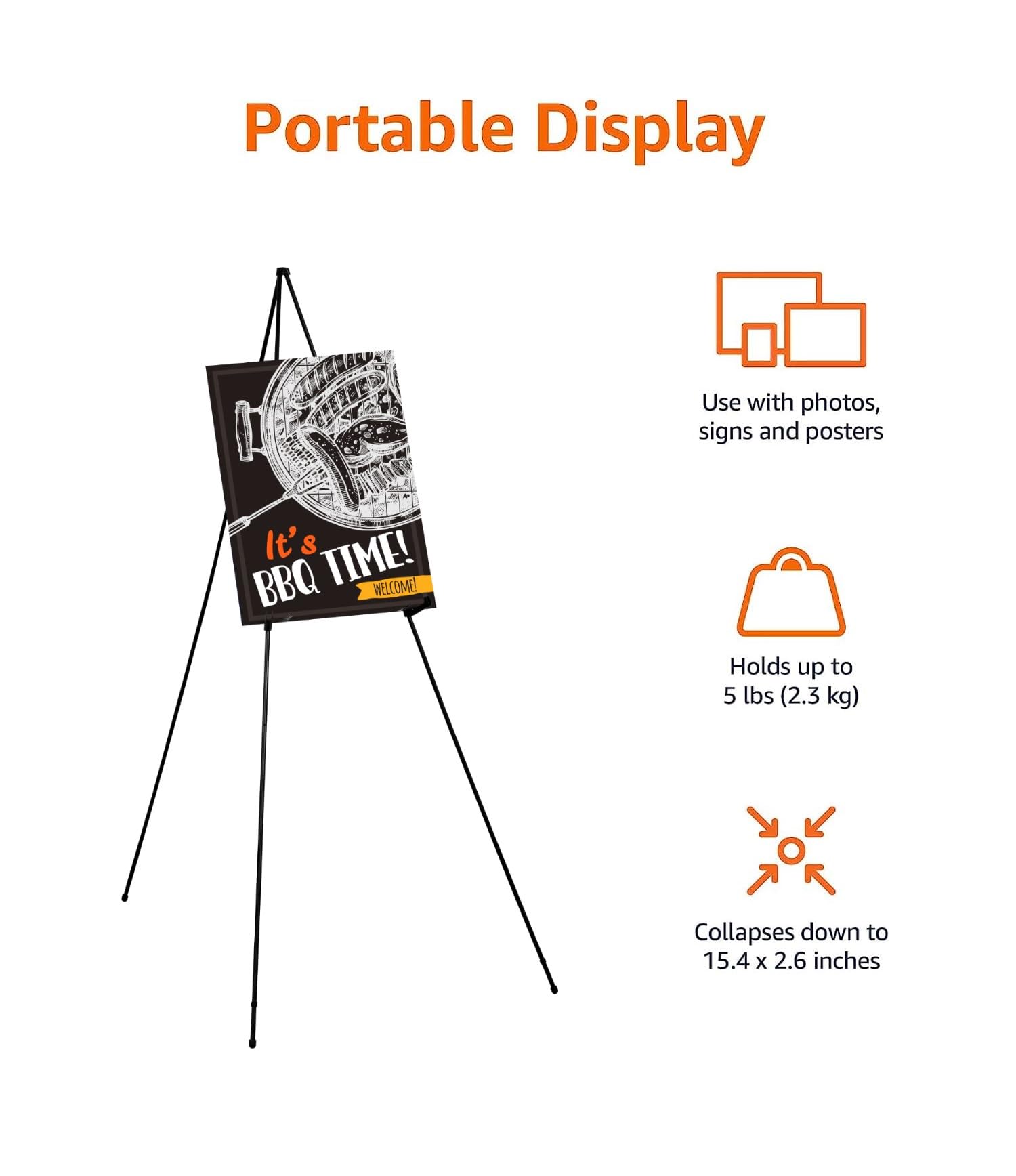 Amazon Basics Easel Display Stand, Instant Floor Poster, Lightweight, Collapsible and Portable with Tripod Base, Black Steel (supports 5 pounds)