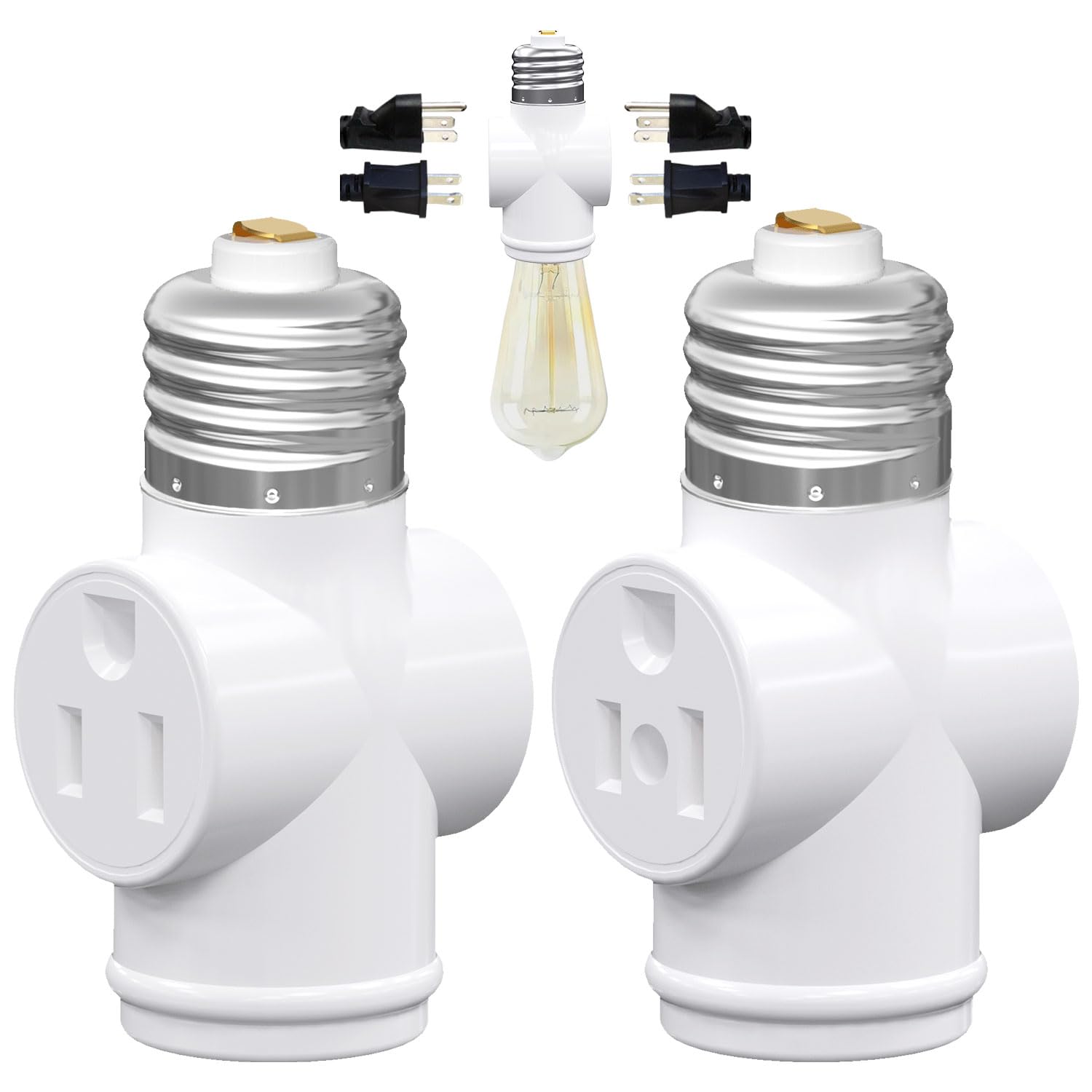 2er-Pack, Glühbirnenfassung-Steckdosenadapter, E26-Glühbirnenfassung zu 3-poligem Steckdosenadapter und Glühbirnenfassung (Weiß)