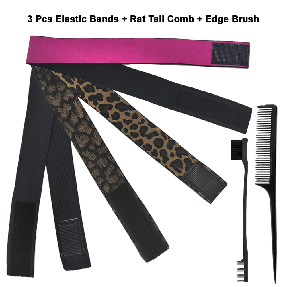 AIFIHIYI Elastic Bands Set for Wigs and Lace Frontals - 3 pieces with Rat Tail Comb, Edge Brush, Melting Band for Laying Edges and Keeping in Place