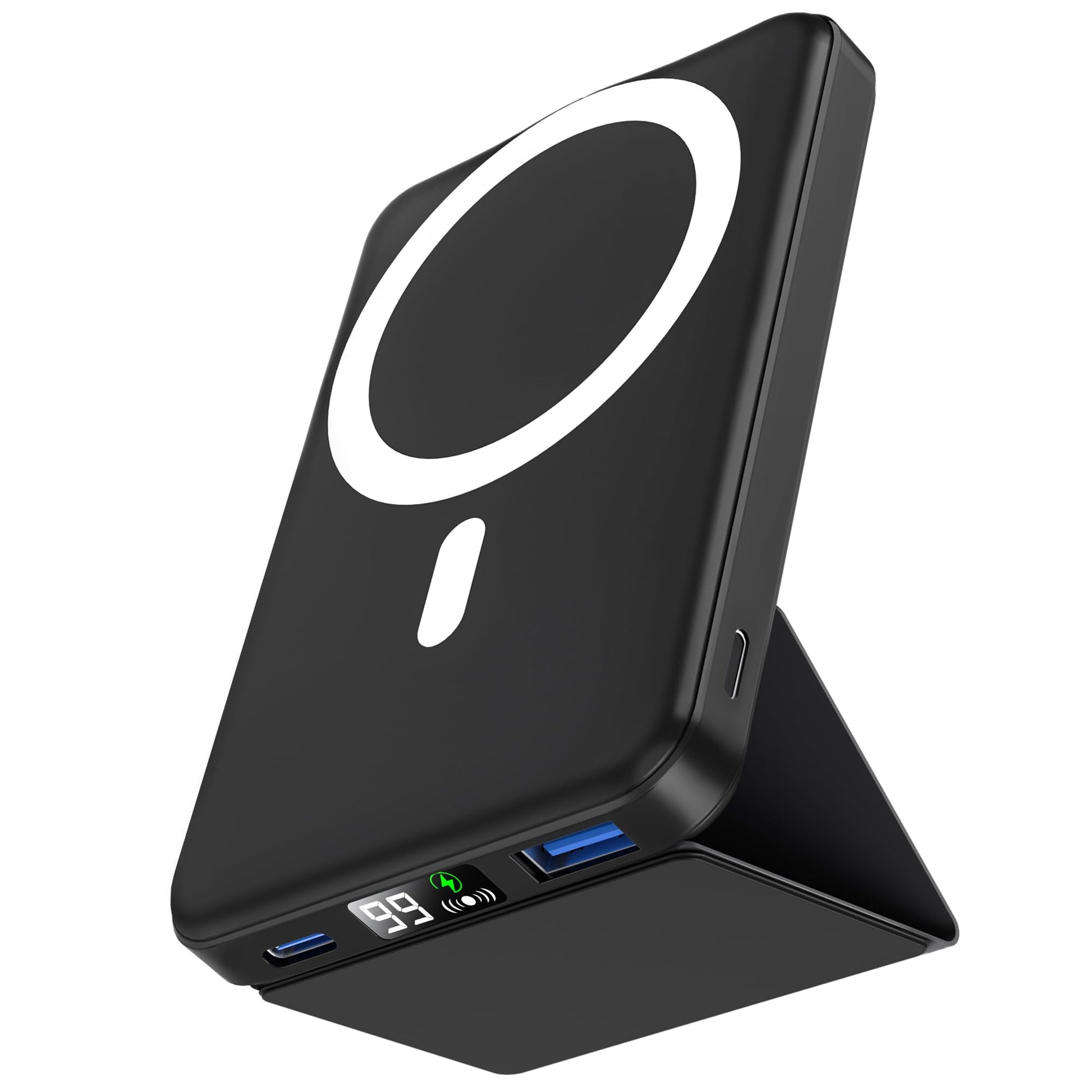 podoru for Magsafe Battery Pack, Foldable 10000mAh Wireless Portable Charger with USB-C Cable LED Display 22.5W PD Fast Charging Magnetic Power Bank for iPhone 16/15/14/13/12 All Series-Black