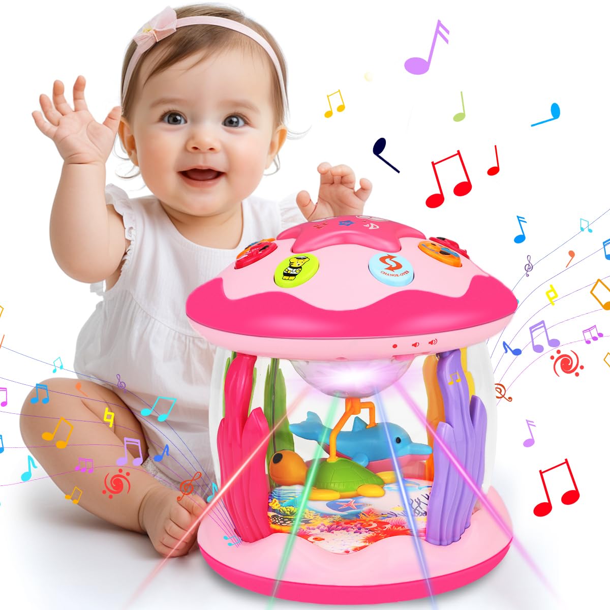 Aboosam Baby Girl Toys 6-12 Months: Babies Ocean Rotating Light Up Musical Toys 12-18 Months Crawling Learning Infant Toy for Toddlers 1 2 3 Years Old Baby Girl Gifts (Pink)