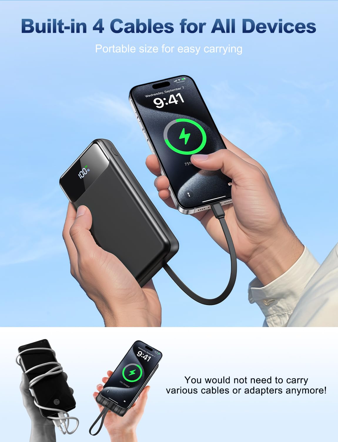 OHOVIV Portable Charger Power Bank 50000mAh Battery Pack, 22.5W Fast Charging PowerBank with Built in Cables,Travel Camping Essential USB-C Portable Phone Charger for iPhone Samsung Pixel Android iPad