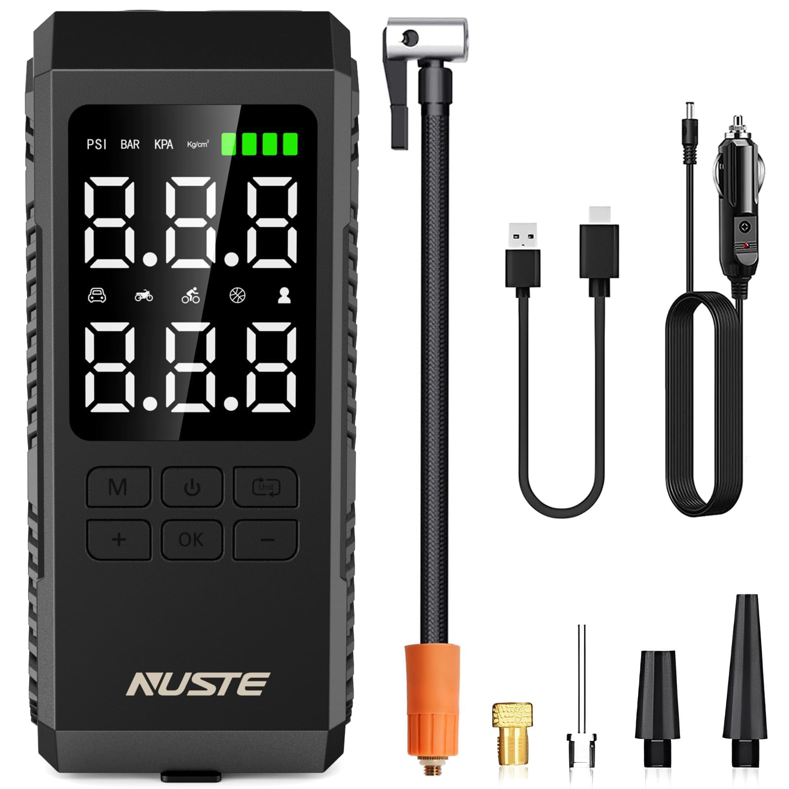 NUSTE Tire Inflator Portable Air Compressor, Air Pump for Car Tires with Digital Pressure Gauge, 150PSI Rechargeable Battery, LED Light, Cordless Bike Tire Pump for Car, Motorcycle, Bicycle