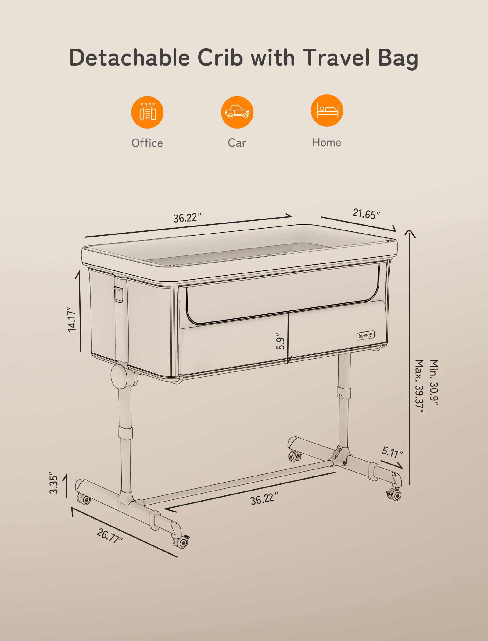 Baby Bassinet Bedside Sleeper, besrey Bedside Bassinet for Newborn Infant with Comfy Mattress, 9 Height Positions, Adjustable Bedside Crib with 360° Swivel Wheels Bassinet for Baby with Storage Basket