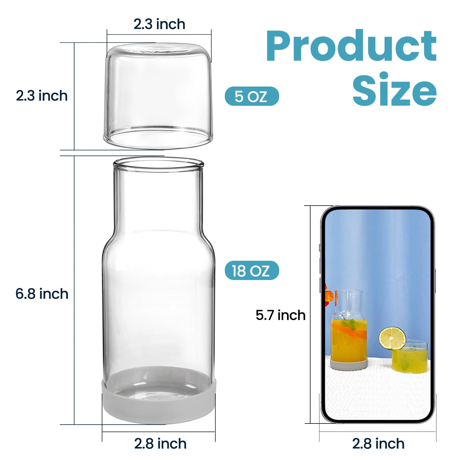 Wikapy Bedside Water Carafe and Glass Set With Silicone Coaster for Nightstand, Bedroom, 18 OZ Clear Mouthwash Dispenser for Bathroom