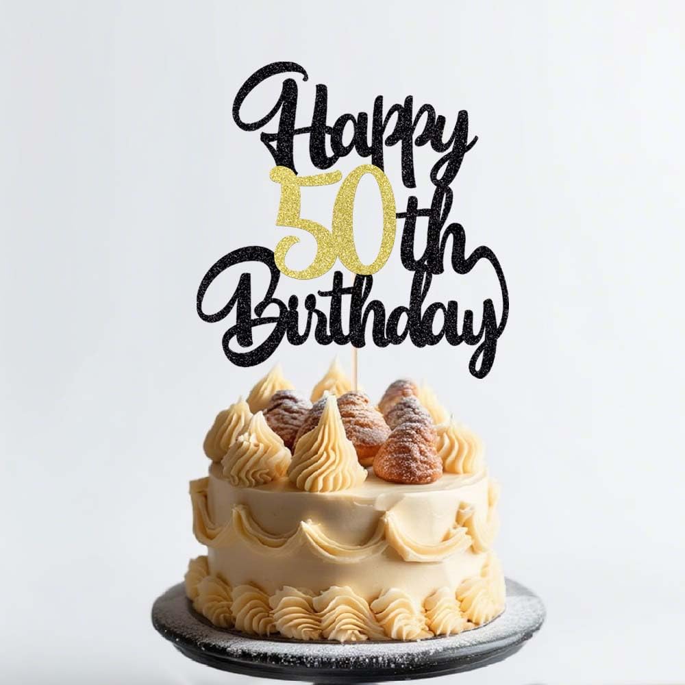 Klionjor 50th Happy birthday cake topper happy birthday cake decoration 50th birthday party decoration gift plugin (50) Black gold