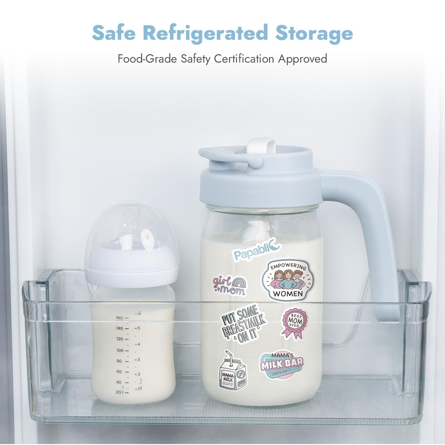 Papablic Glass Breastmilk Pitcher, Formula Mixing Pitcher with Mixing Handle Lid, Wide Mouth Mason Jar Mixer with Flip Locking Spout, Easy to Clean, BPA Free, Blue