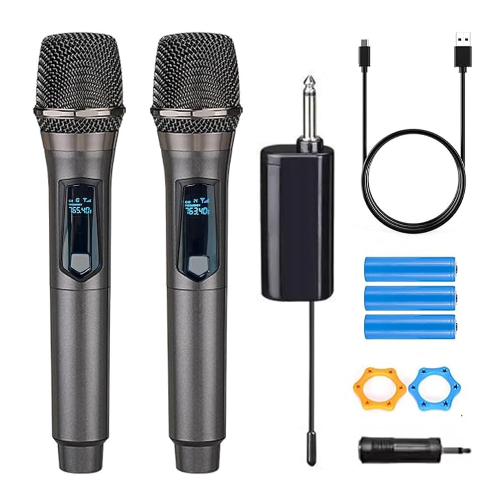 Wireless Microphone, Rechargeable Fixed Frequency Wireless Dual Microphone, Dual Handheld Dynamic Microphone,Karaoke Singing, Weddings DJ,Party, Church, Classroom use, 200 feet, Gray
