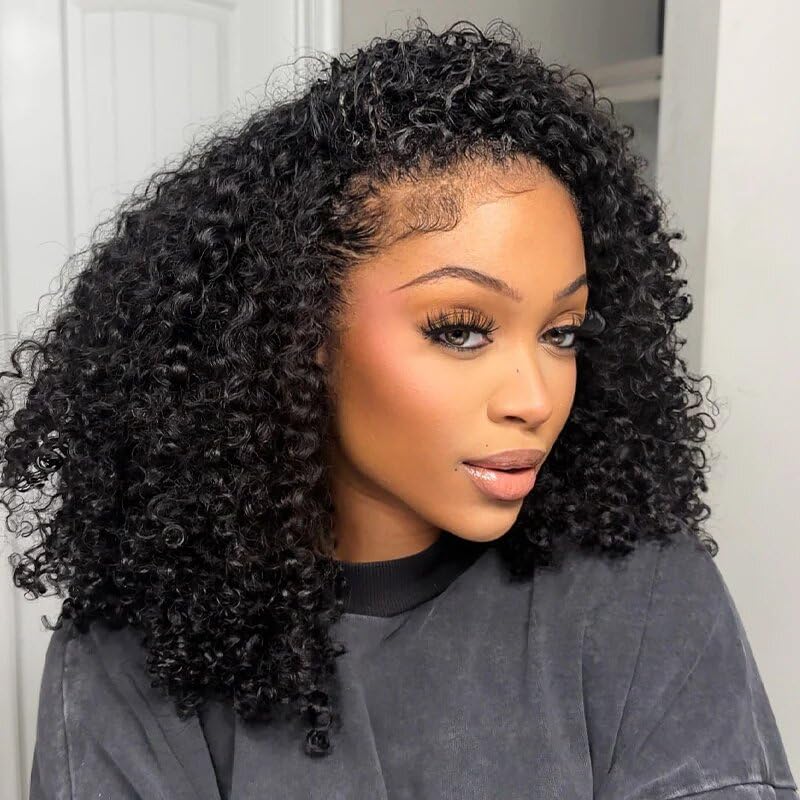 ISEE Halbperücke Echthaar Glueless Wigs Upgrade 3-IN-1 Halbperücke mit Kordelzug Nahtlose Clip-Ins Flip Over Kinky Curly Echthaar Ohne Kleber Ohne Spitze für Damen 180% Dichte 18 Zoll