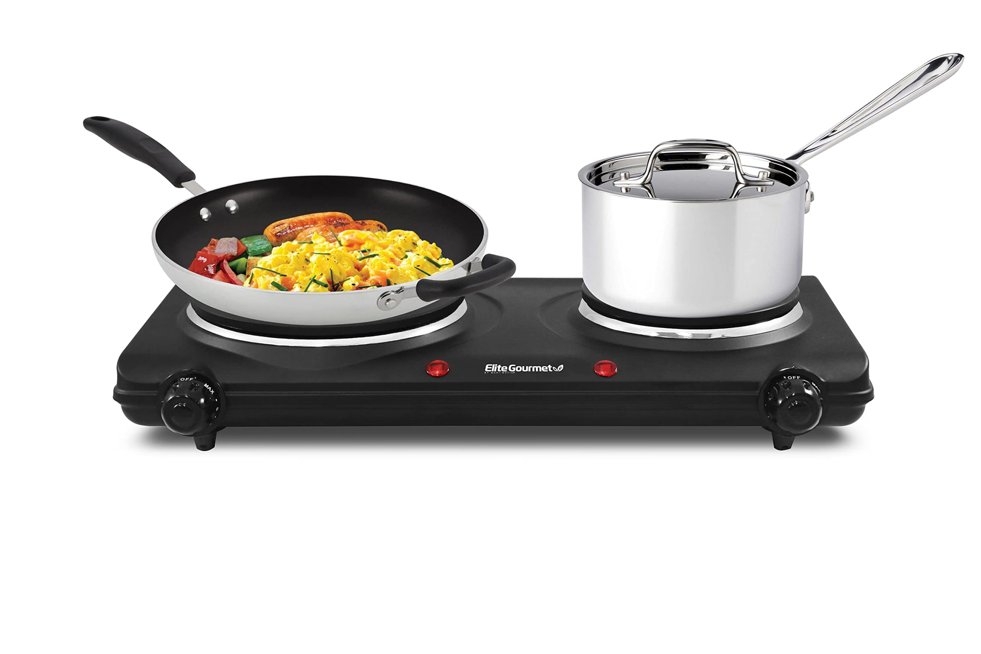 Elite Gourmet EDB-302BF Countertop Double Cast Iron Burner, 1500 Watts Electric Hot Plate, Temperature Controls, Power Indicator Lights, Easy to Clean, Black