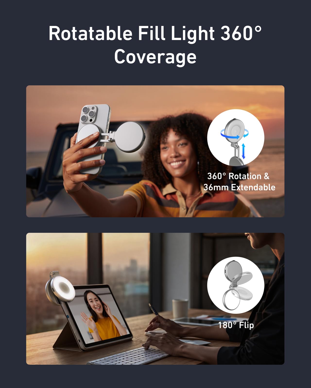 TELESIN C03 Magnetic Selfie Light, Phone Light Compatible with iPhone Magsafe, CRI97 360° LED Selfie Ring Fill Light with Mirror for Selfies/Photography/TikTok/Zoom Calls/Video Conference