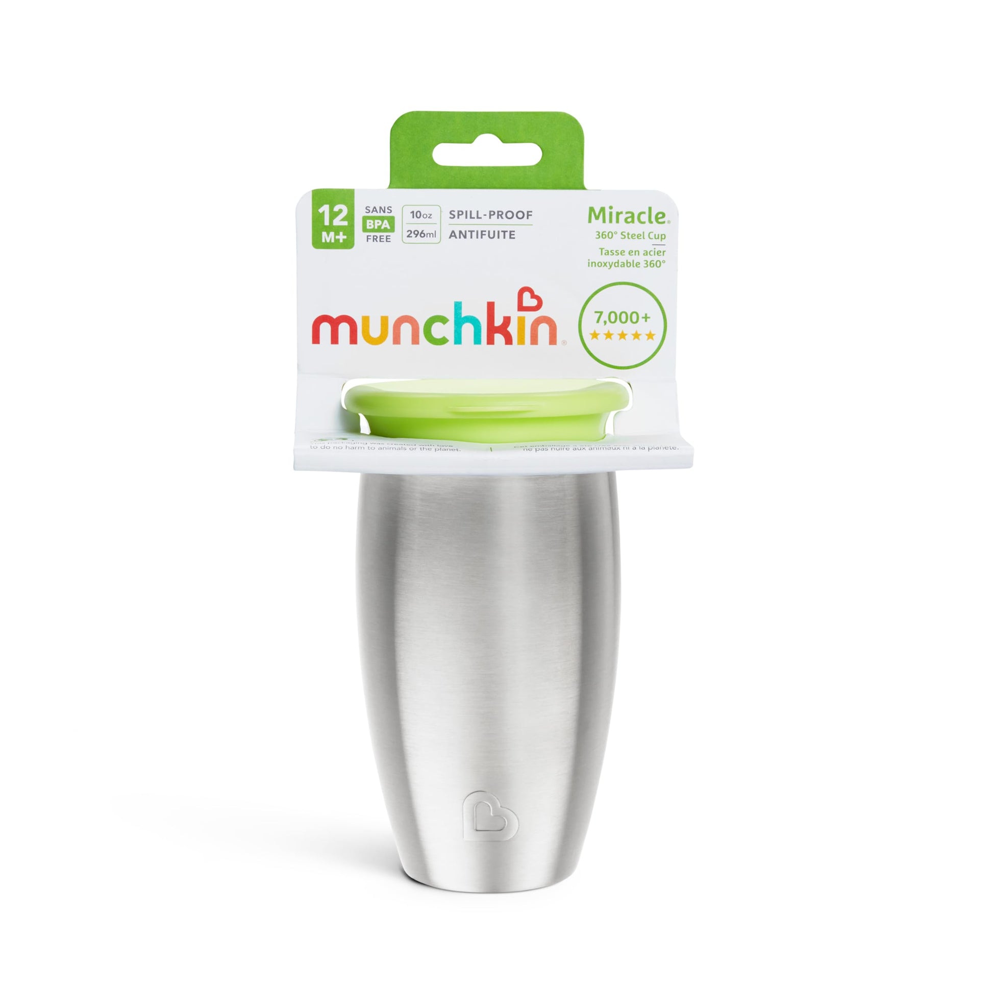 Munchkin Stainless Steel Sippy Cups for Toddlers 1-3, Spill Proof Miracle 360 Cup, Insulated, 10 Ounce, Green