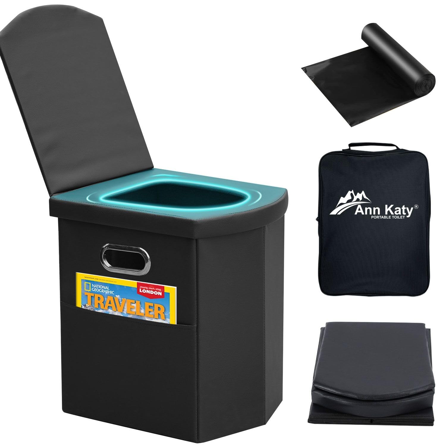Ann Katy Upgrade XL tragbare Toilette für Erwachsene, extra große tragbare Reiseklapptoilette, Campingtoilette hoch mit Deckel für Kinder, kompaktes Töpfchen für Auto, Wandern, Strand, Toiletten-Aufbewahrungshocker