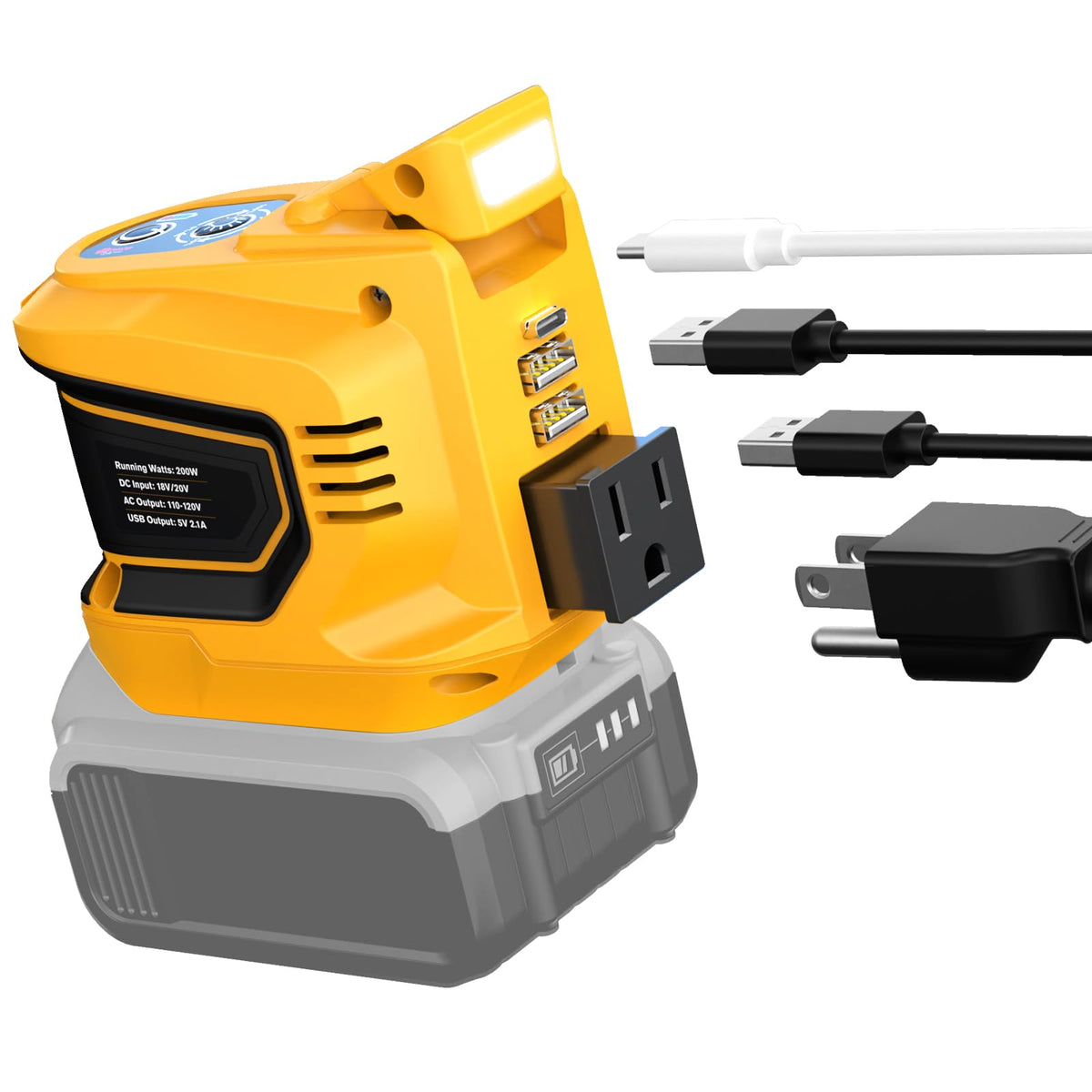 عاكس طاقة محمول 200 وات لديوالت 20 فولت، محول بطارية مولد خارجي من ايكارك مع 2 USB ومصباح LED ومخرج تيار متردد يعمل بالبطارية، يحول 18 فولت/20 فولت تيار مستمر إلى 110 فولت-120 فولت تيار متردد محطة طاقة محمولة (أداة فقط)