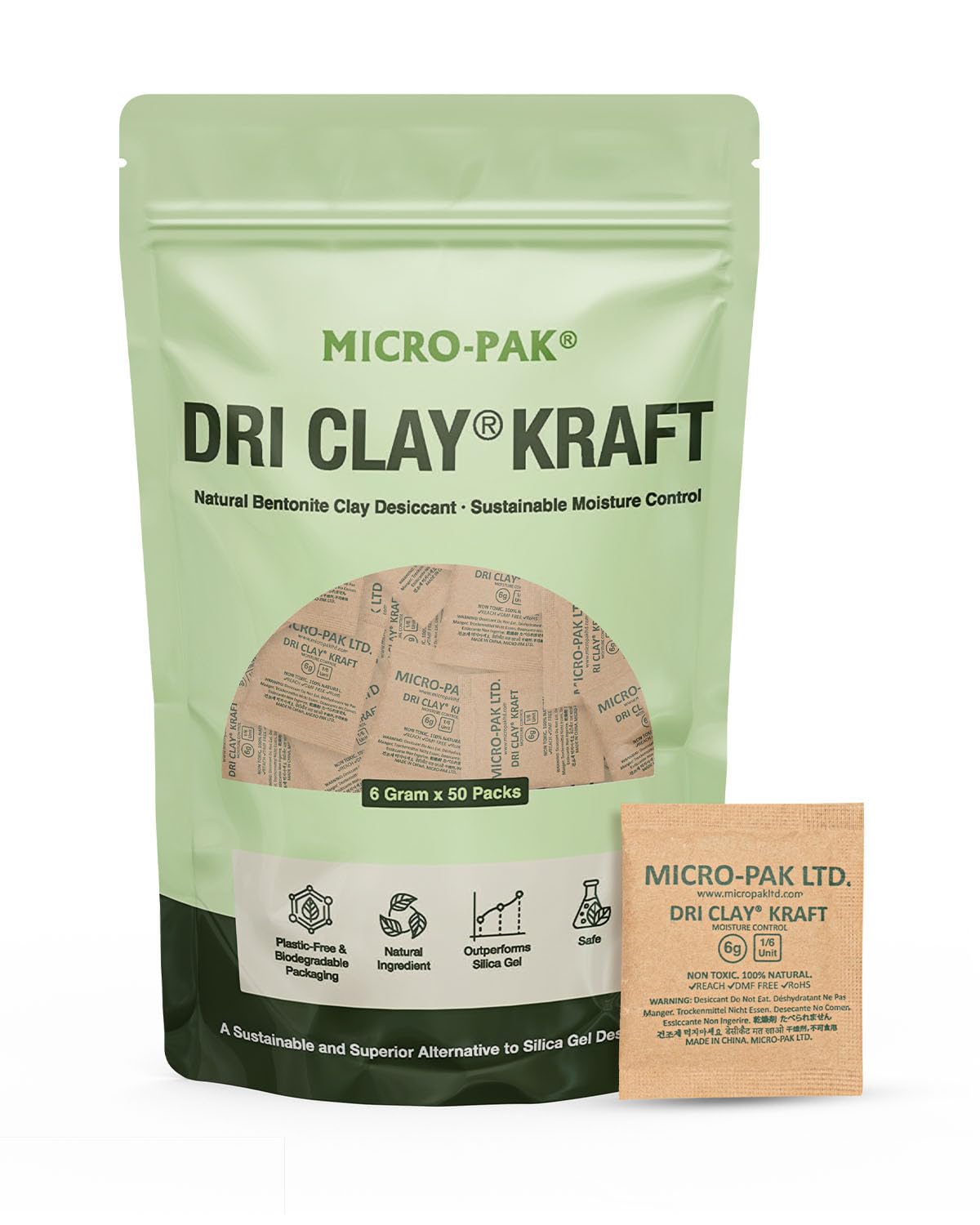 Micro-Pak Dri Clay Kraft, Highest Moisture Absorption Desiccant Packs, Silica Gel Packets Alternative, Food Safe Bentonite Clay, Desiccant Packs for Storage, Moisture Absorbers for Closet, 6gx50pcs