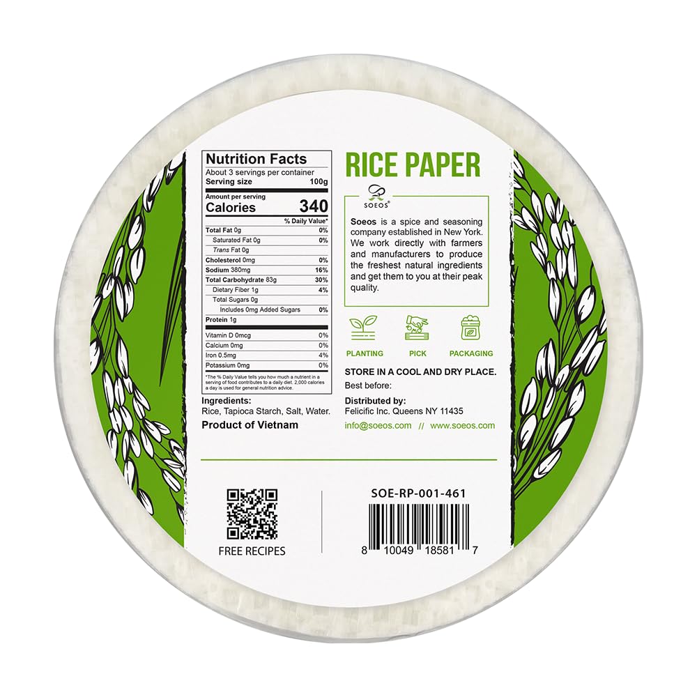 Soeos Rice Paper, White Rice Paper Wrappers, 1 Pack, 34 Sheets-Fresh Spring Roll Wrappers & Dumplings, Non-GMO, Gluten-Free, Low Carb, Vietnamese Rice Wraps (Round, 22cm)