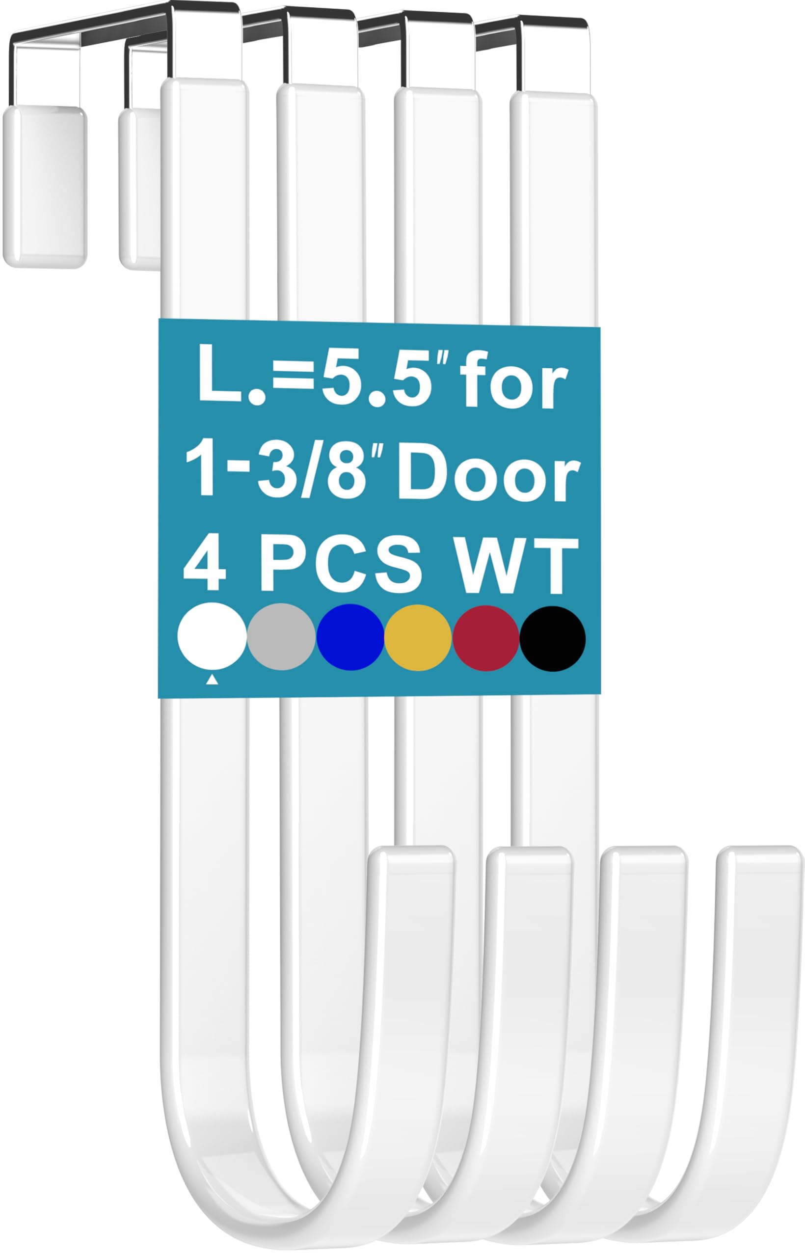 Over the Door Hooks Fit Interior Door up to 1 3/8" Optimal, Steel w/ Rubber Coating, Not for Front Door, for Hanging Towel Robe Hanger Bathroom Bunk Wreath Ironing Board Holder Cute 4pcs 5.5" White