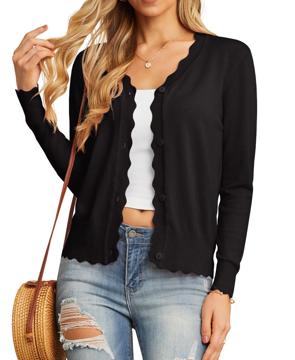 GRECERELLE Women's Long Sleeve V-Neck Button Down Cardigan Knit Shrugs Sweaters(Black, Large)
