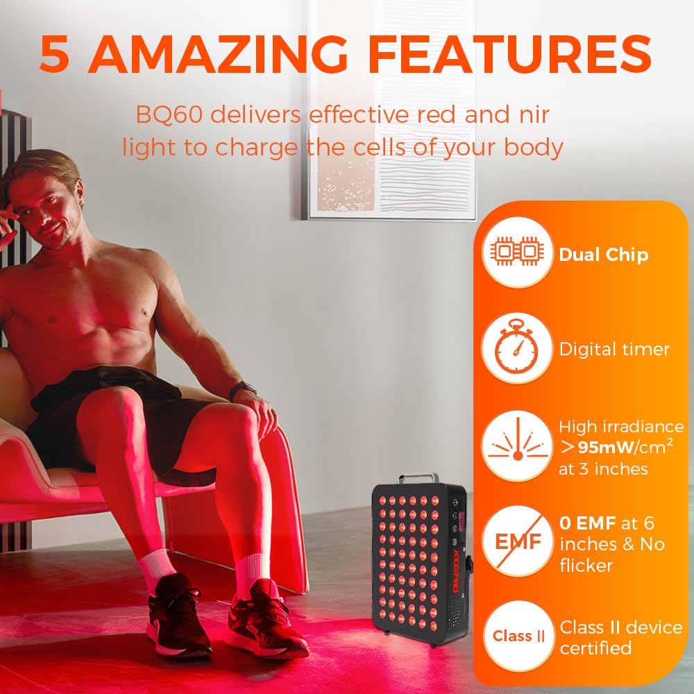 BestQool Red Light Therapy, Dual Chip Clinical Grade LED Device with Near-Infrared Light 660nm 850nm High Power Panel, Ideal for Body, Face, Recovery, Improve Sleep, Skin Health, 105W (Black 60)