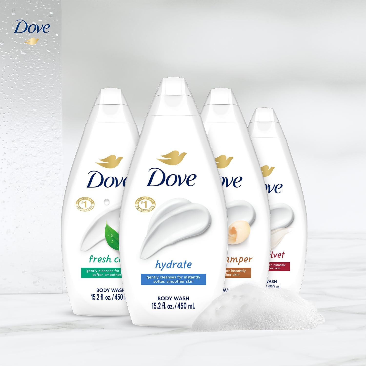 Dove Body Wash Variety 6-Pack – Hydrate, Gentle Pamper, Fresh Care, and Silky Velvet, 15.2 Oz Ea