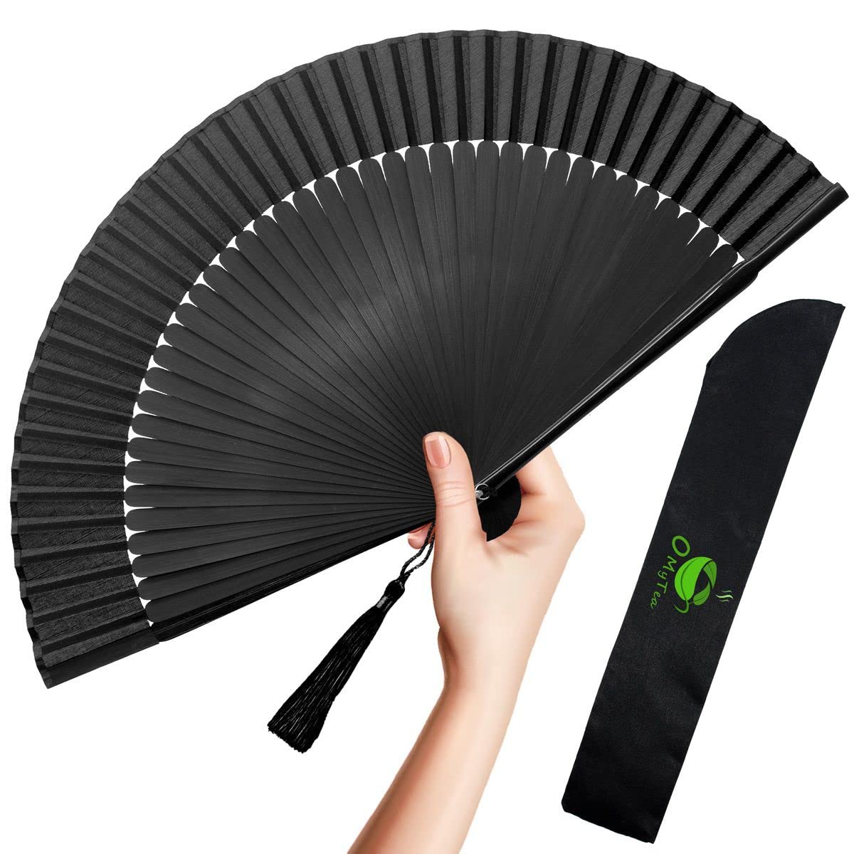 OMyTea Folding Hand Fan for Women - Foldable Chinese Japanese Vintage Bamboo Silk Fan - for Hot Flash, Church, Decoration, EDM, Music Festival, Dance, Party, Performance, Gift (Solid Sexy Black)