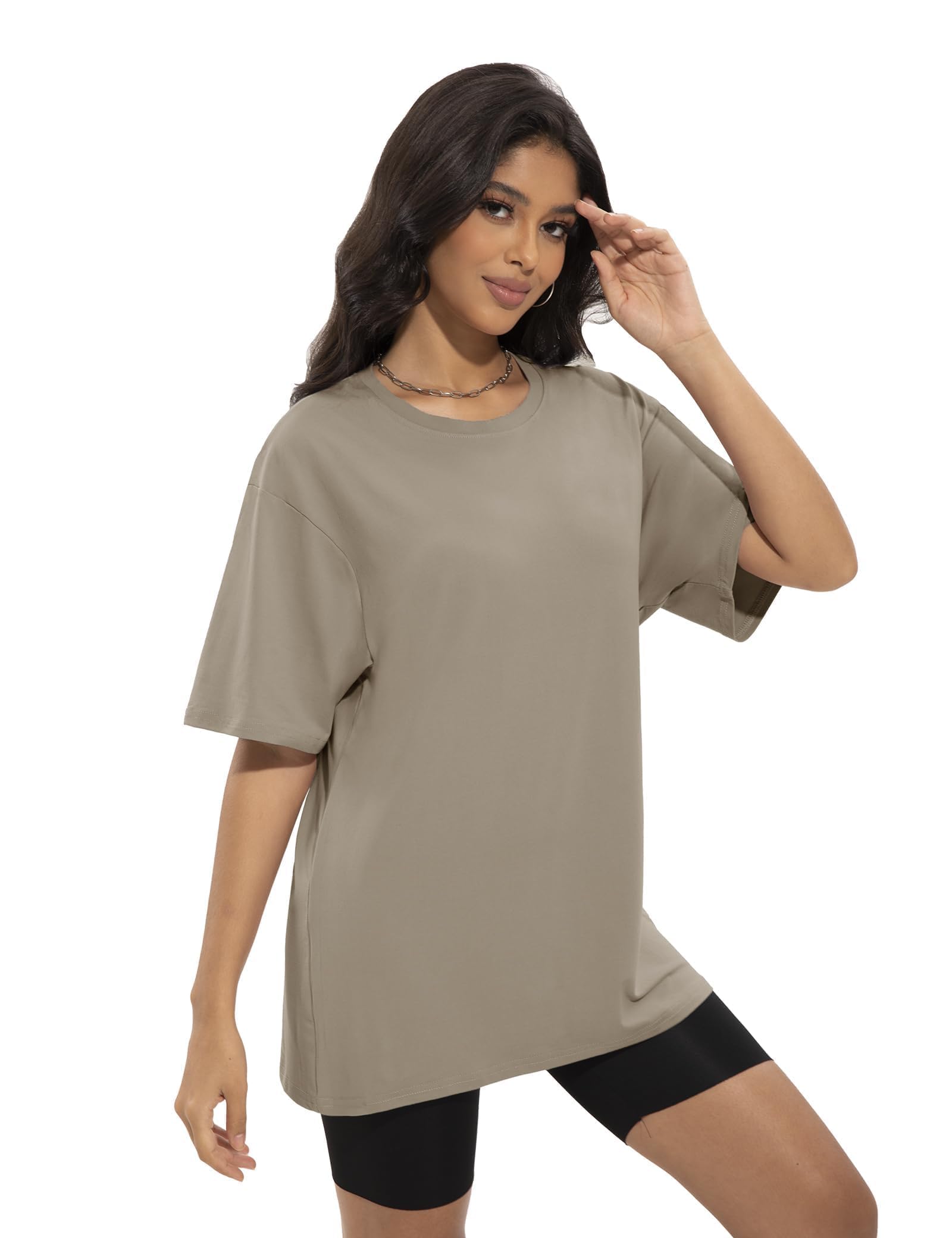 Siimcuzy 4 Pack Oversized Tshirts for Women, Loose Fit Crew Neck Summer Baggy Tops Workout Tees Plus Size T Shirts 1 Black 1 White 1 Dark Pink 1 Khaki Large