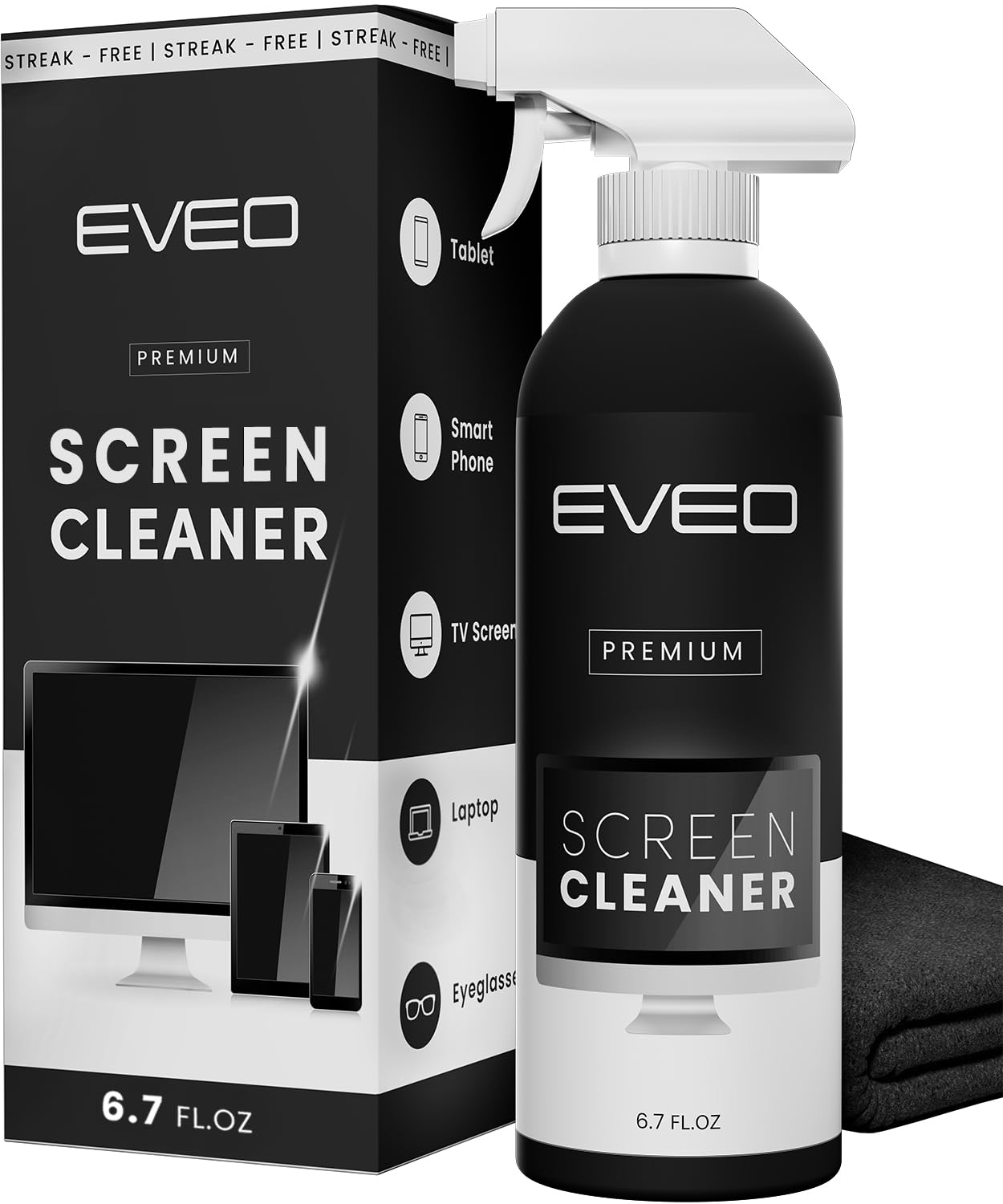 EVEO Screen Cleaner Spray Kit (Streak-Free) TV Screen Cleaner for Smart TV, LCD, LED, OLED | Computer Screen Cleaner Spray and Wipe Microfiber Cloth - TV, Monitor, Laptop, iPad, Car - 6.7oz 1 Pack