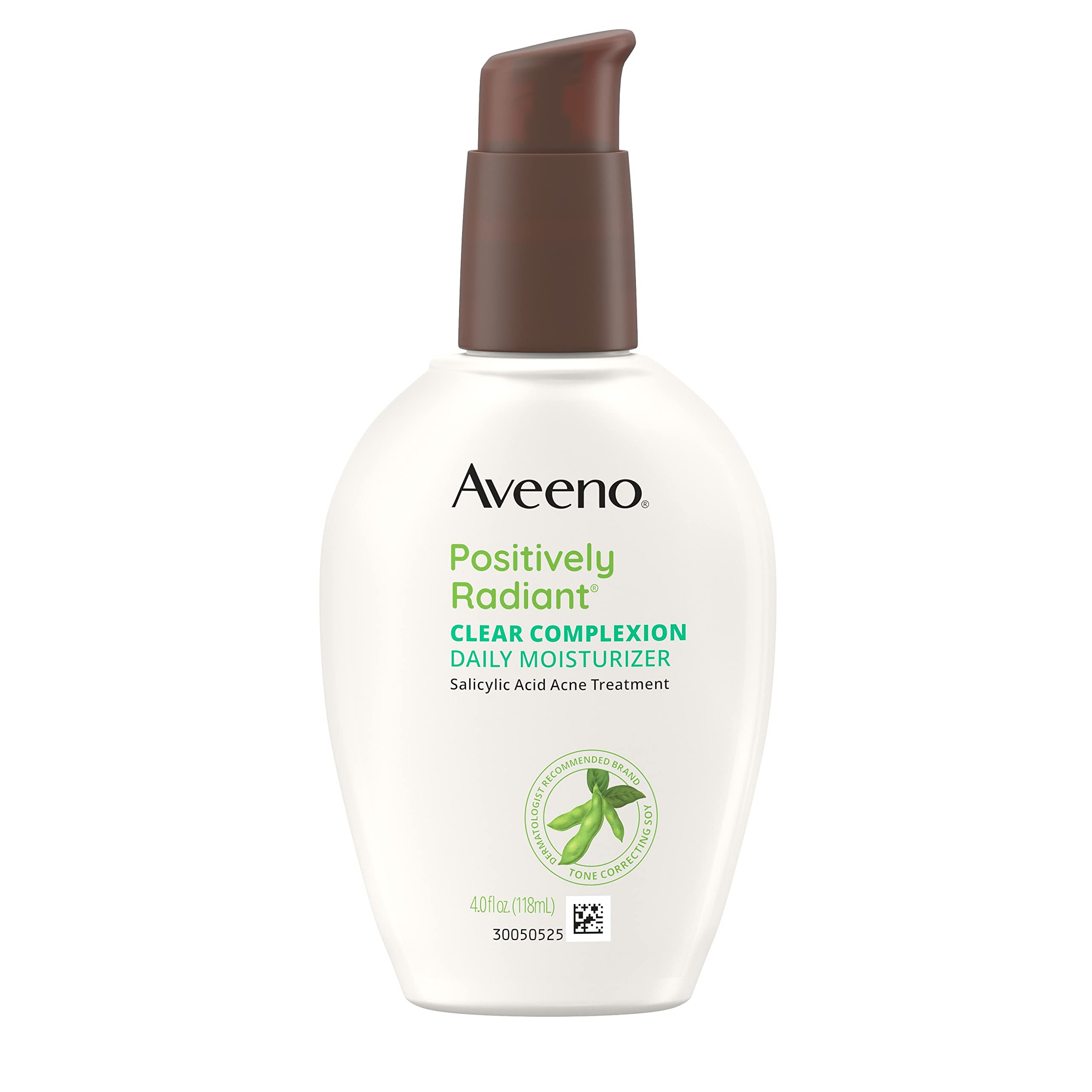 Aveeno Positively Radiant Clear Complexion Face Moisturizer, Acne Facial Moisturizer with Soy and Salicylic Acid for Oily Skin, Hypoallergenic Formula, Paraben-Free, Non-Comedogenic, Pump, 4 FL OZ