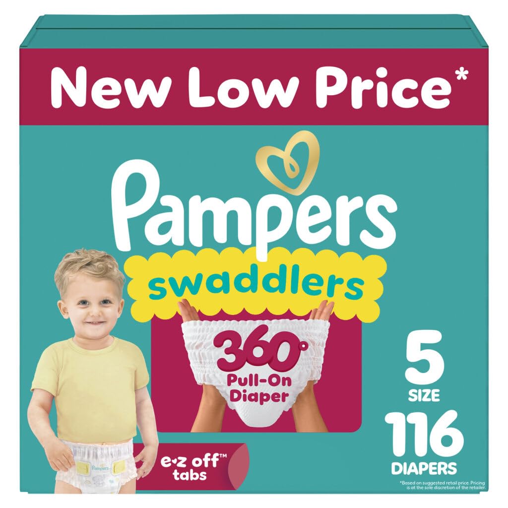 Pampers Diapers - Swaddlers 360° - Size 5, 116 Count, up to 100% Leakproof Comfy Dry Fit, Designed for Easy Changes, Pull On Baby Diaper (Packaging May Vary)