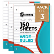 Rosmonde Loose Leaf Paper, 450 Sheets, 3 Pack, 56 gsm Wide Ruled Sheets, 8" x 10.5", Bulk Notebook Paper, 3 Hole Punched, 150 Sheets/Pack, Wide Ruled Paper for Binders, Loose Leaf Office Paper, White