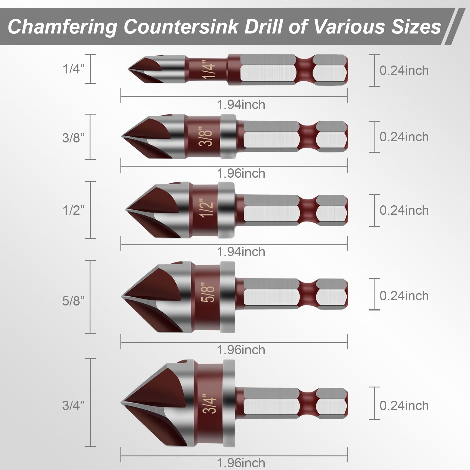 5PCS Countersink Drill Bit Set, 82 Degree HSS Counter Sink Drill Bit for Wood, Metal, Plastic, 1/4"-3/4" with 1/4" Hex Shank Countersink Bit Set
