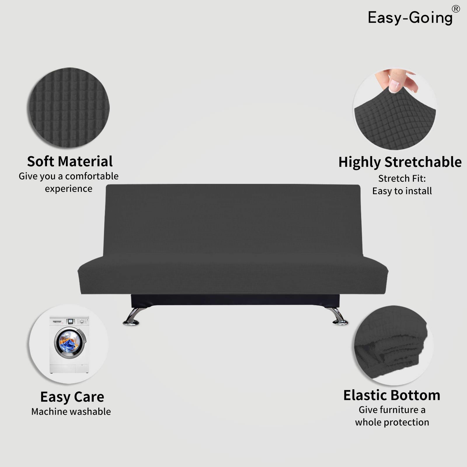 Easy-Going Stretch Futon Slipcover Armless Futon Bed Cover Furniture Protector Without Armrests with Elastic Bottom for Kids, Soft Jacquard Fabric Small Checks (Large, Dark Gray)