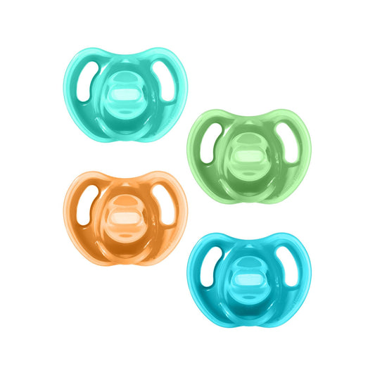 Tommee Tippee Ultra-Light Silicone Pacifier, 18-36 Months, Symmetrical One-Piece Design, BPA-Free Silicone Binkies, Blue/Orange/Green, Pack of 4