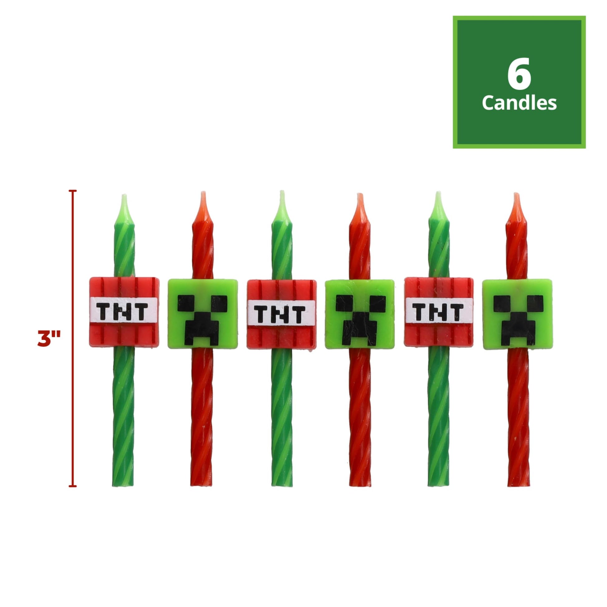 Minecraft Birthday Cake Candles | 6 Birthday Candles for Cake Decorations, Red & Green Striped Candles, Cake Toppers for Minecraft Party