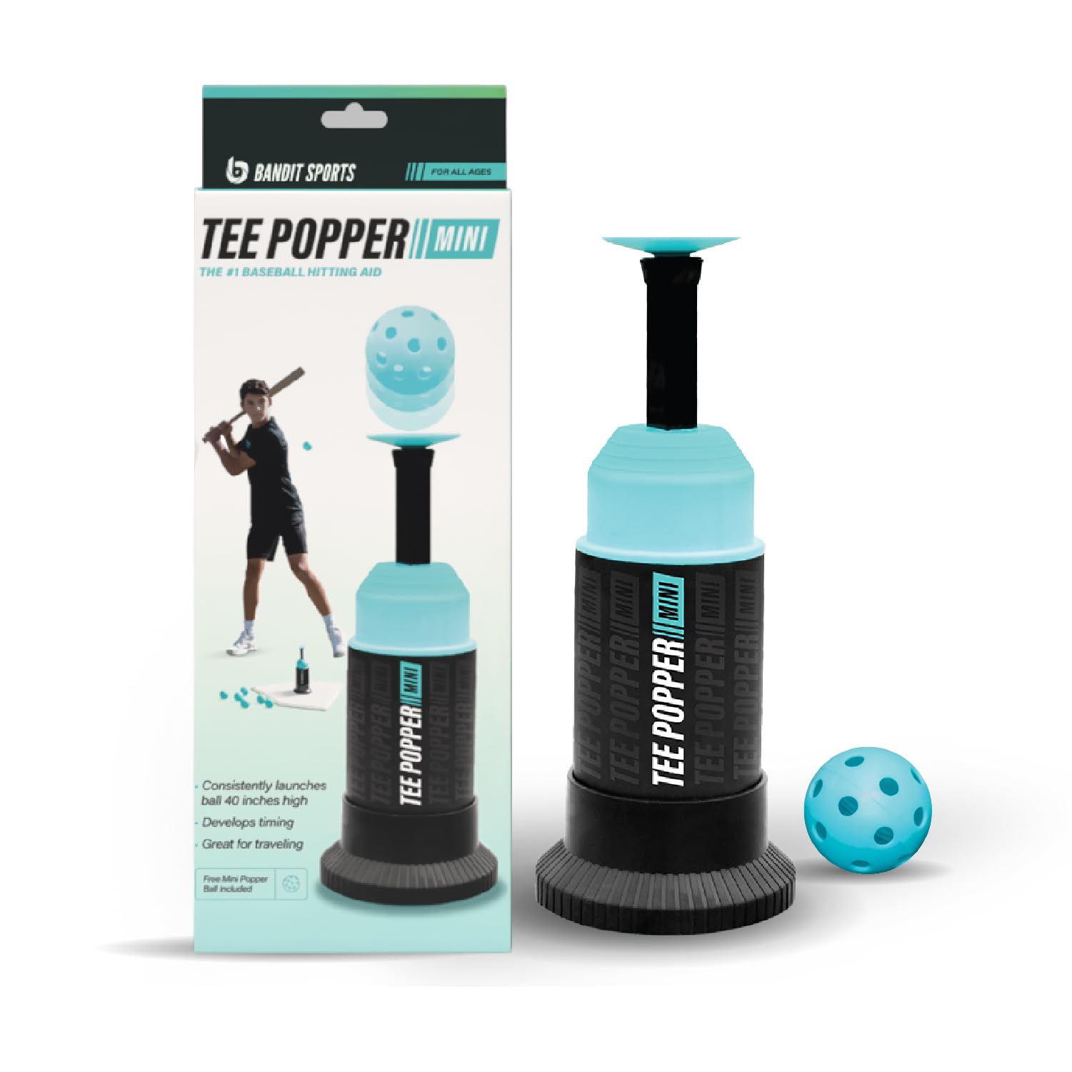 Bandit Sports Baseball Training Mini Tee Popper, Hitting Tee for Perfect Swings, Batting Machine for Practicing Hitting Without a Pitcher (1 Popper Ball Included)