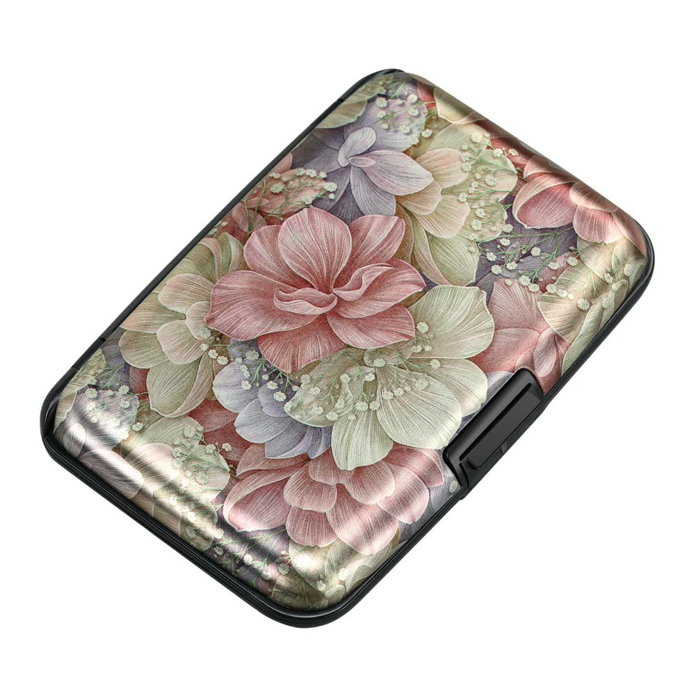 ELFISH Mini RFID Aluminum Wallet Credit Cards Holder Business Card Case Metal ID Case for Men Women(Happy Flower