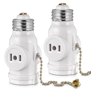 2 Outlet Light Socket Adapter, E26 Bulb Socket to Outlet Splitter,Converts Medium Screw Socket into a Socket with Two outlets,Polarized Outlet,with Pull Chain Switch. UL Listed, White (2-Pack)