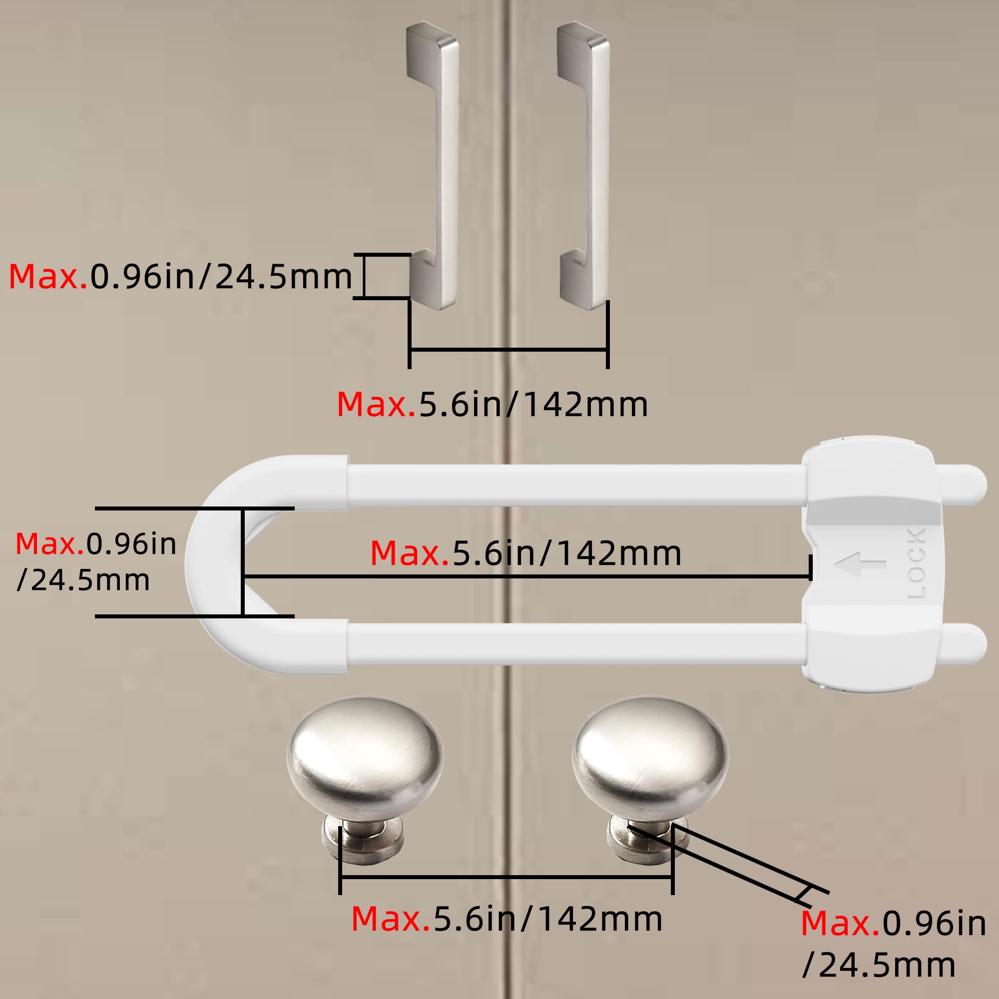 (10 pack white) 4 button Cabinet Locks, U-Shaped Proofing Drawers Safety Child Locks Adjustable, for Wardrobe,Kitchen,Bathroom,Drawer,Fridge,Cupboard Doors Knobs & Handles