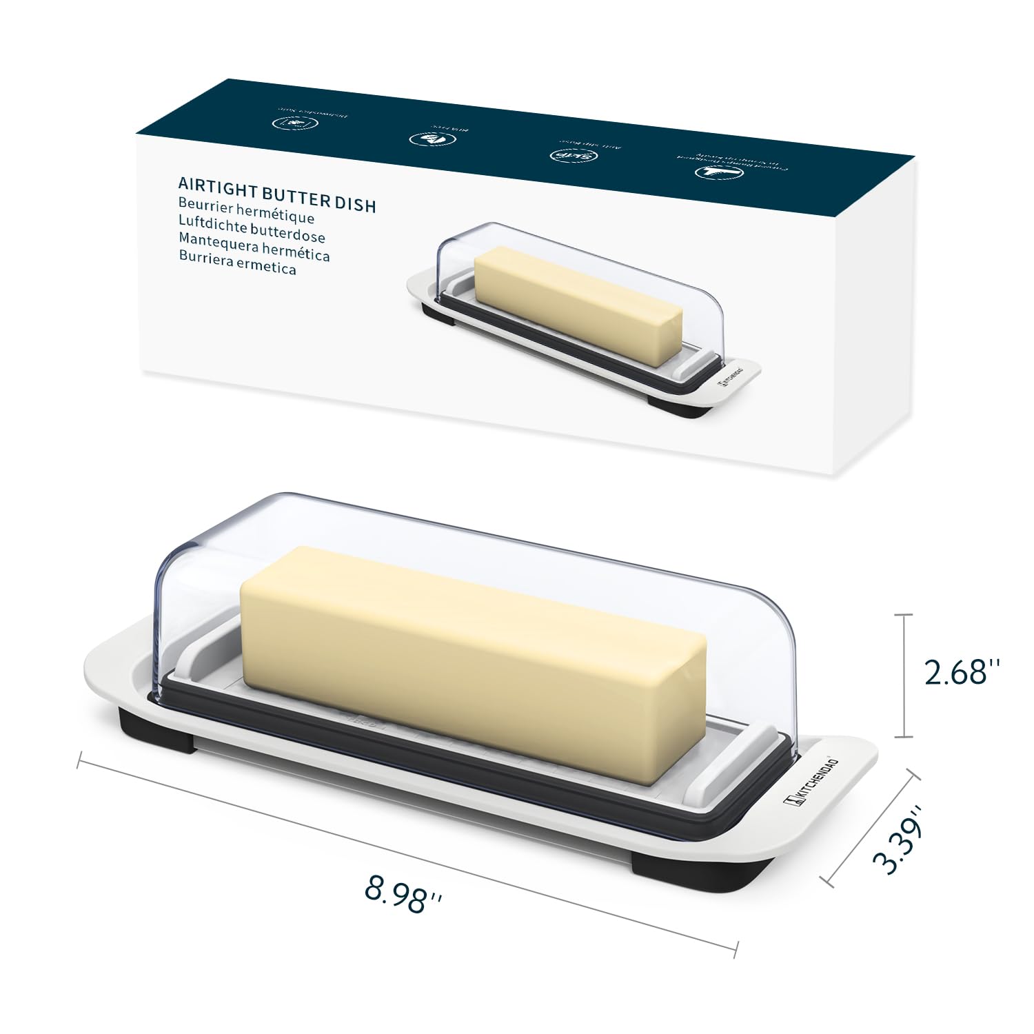 KITCHENDAO Airtight Butter Dish with Lid for Countertop and Refrigerator Door Shelf, Butter Keeper, Plastic Butter Holder Tray Container for West/East Coast Butter, White