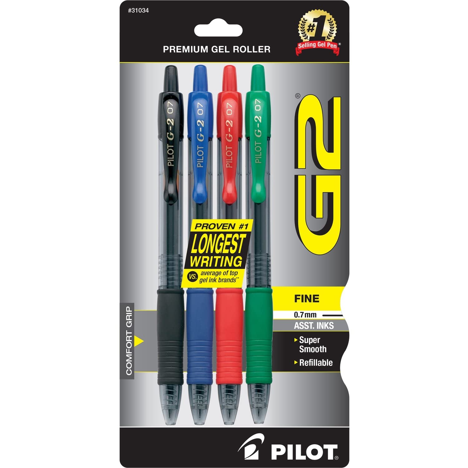 Pilot, G2 Premium Gel Roller Pens, Fine Point 0.7 mm, Black, Blue, Red, Green, Pack of 4