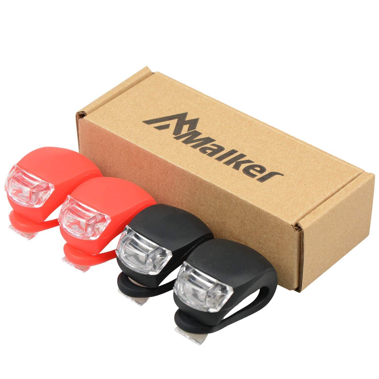 Malker Bicycle Light Front and Rear Silicone LED Bike Light Set - Headlight and Taillight,Waterproof & Safety Road,Mountain Bike Lights,Batteries Included (2pcs Red & 2pcs Black)