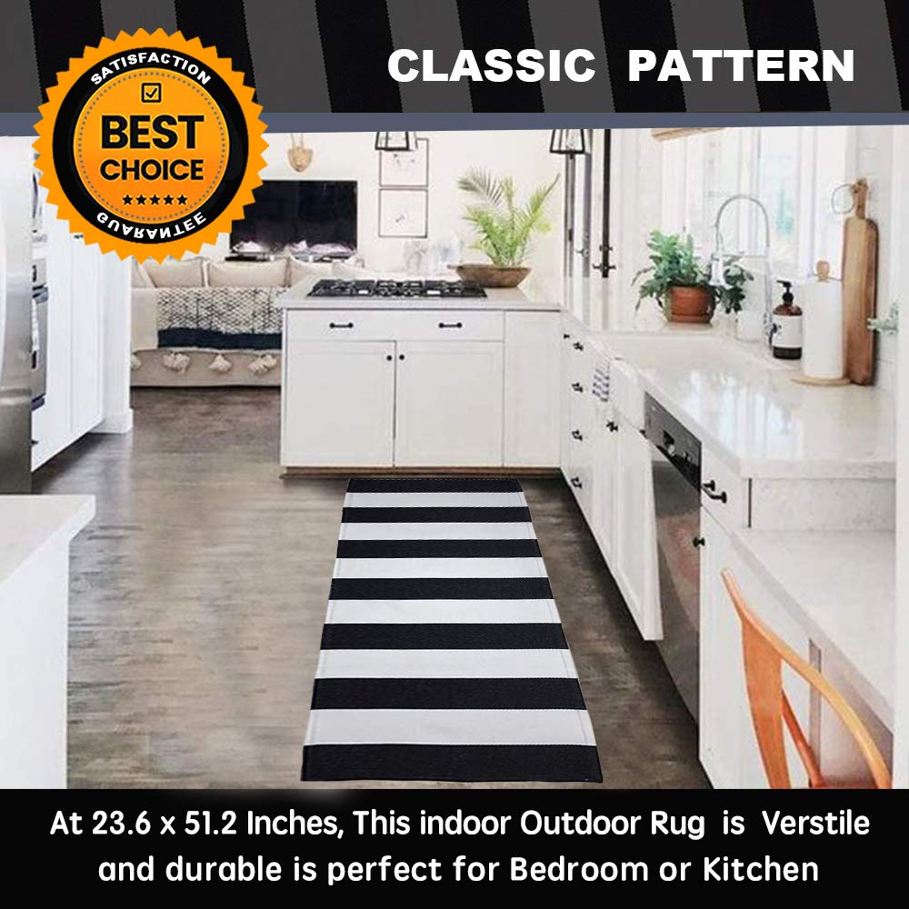 KaHouen Black and White Striped Rug (23.6 x 51.2 Inches), Striped Layering Mats, Handmade Woven Indoor Outdoor Doormats Striped Rug for Kitchen/Laundry/Bathroom/Living Room