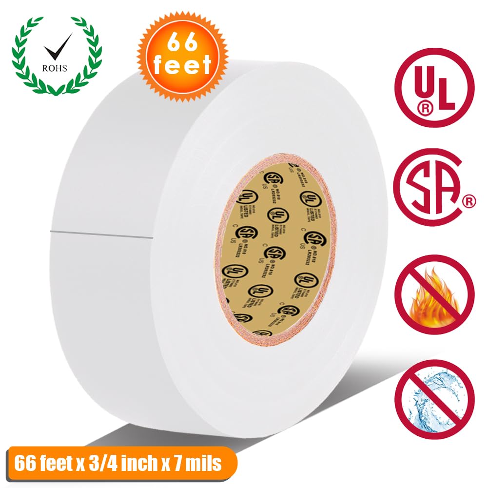 LYLTECH White Electrical Tape, 66 feet x 3/4 inch x 7 mils-600V,Pass UL/CSA Certification. Waterproof,Flame Retardant,Strong Adhesive, 14℉ to 176℉(White)