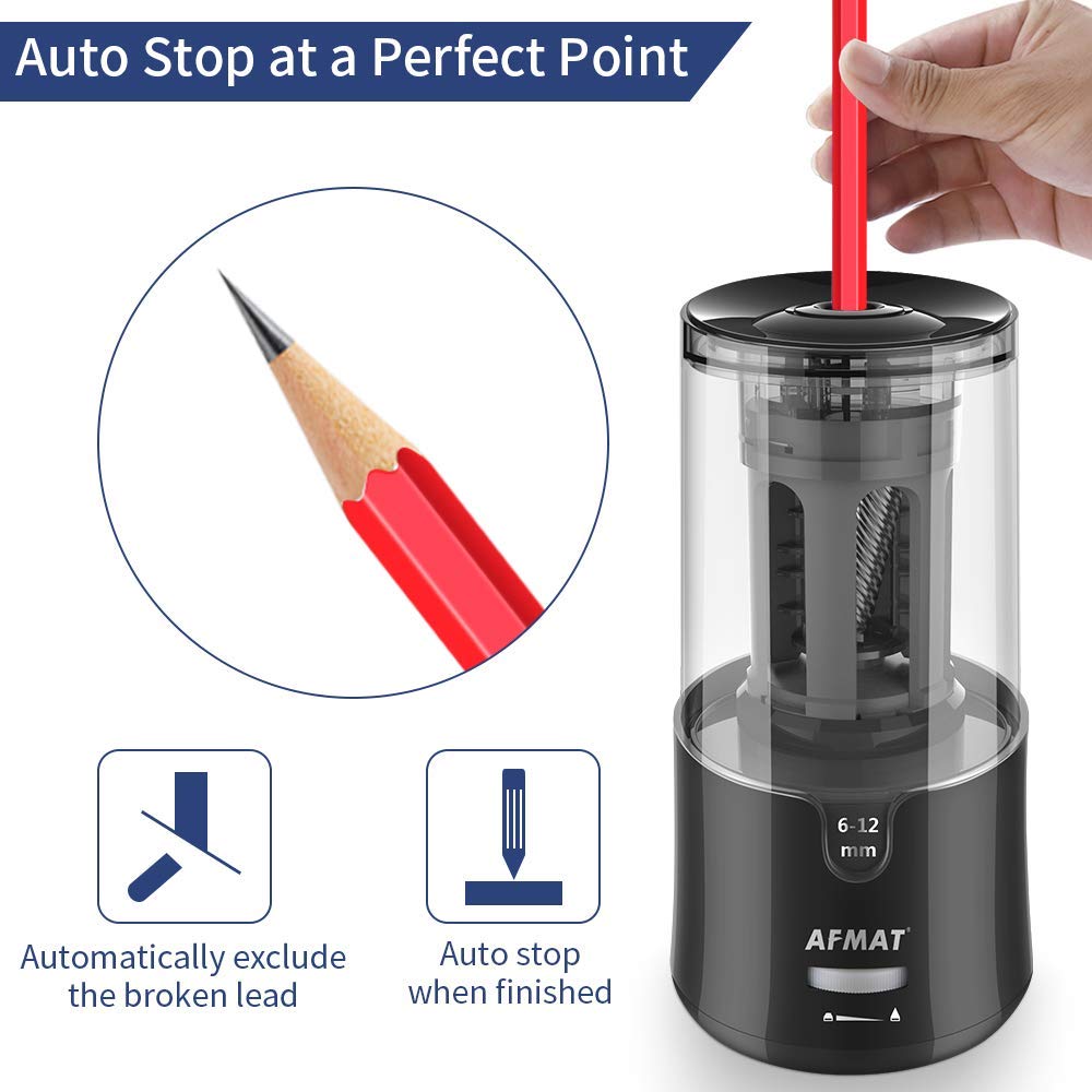 AFMAT Electric Pencil Sharpener, Pencil Sharpener for Colored Pencils, Auto Stop, Super Sharp & Fast, Electric Pencil Sharpener Plug in for 6-12mm No.2/Colored Pencils/Office/Home-Black