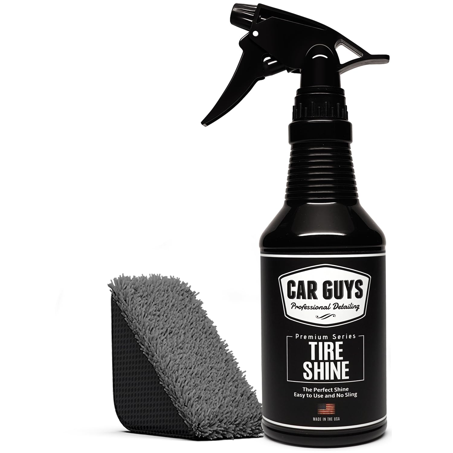 CAR GUYS Reifen Glanz Spray | Der perfekte Glanz | Langlebige und benutzerfreundliche Reifenpflege | Lang anhaltender UV-Schutz für schwarze Reifen, Felgen & Gummi | 532 ml Set mit Applikatorpad