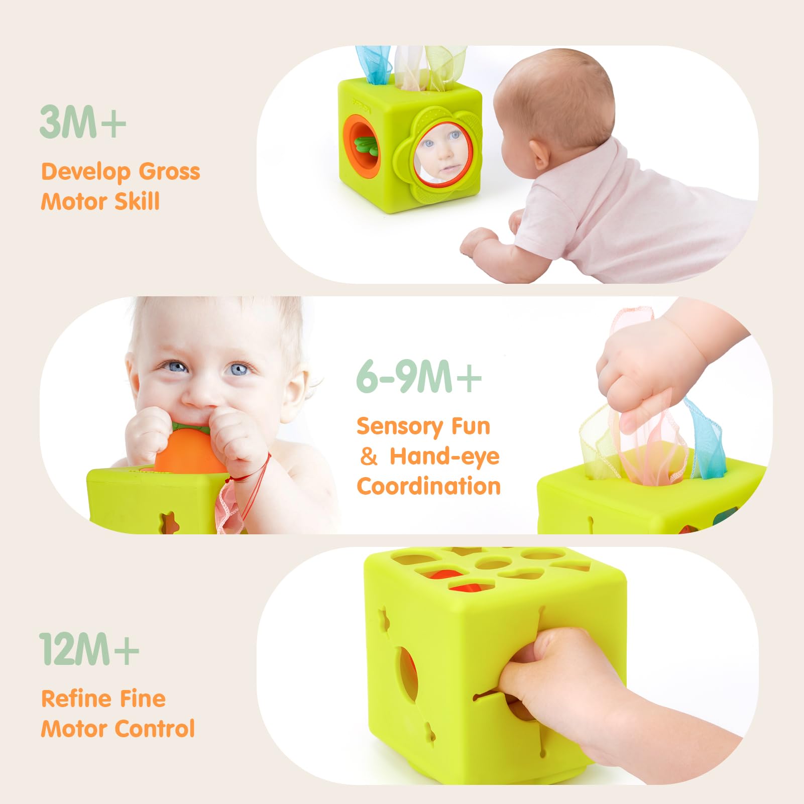 hahaland Baby Tissue Box Toy - Silicone Baby Toys 6-12 Months Montessori Toys for 6 Month Old, 6-in-1 Soft Busy Activity Cube with Scarves, Crinkle, Textures, Mirror, Sensory Popper, Stocking Stuffers