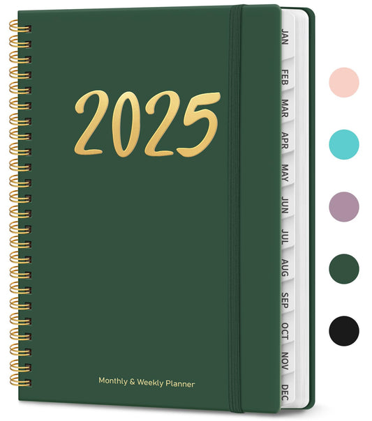 2025 Planner, Weekly and Monthly Planner Spiral Bound, Jan 2025 - Dec 2025, Hardcover 2025 Calendar Planner Book with Tabs, Inner Pocket, Perfect for Office Home School Supplies - A5 (6.3" x 8.5"), Green