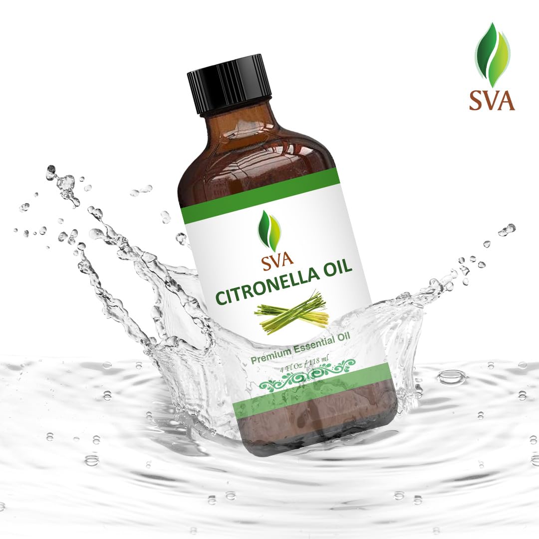 SVA Citronella Essential Oil – 4 Fl Oz – 100% Natural Citronella Oil - for Diffuser, Hair Care, Face, Skin Care, Aromatherapy, Scalp and Body Massage, Soap and Candle Making - with Dropper