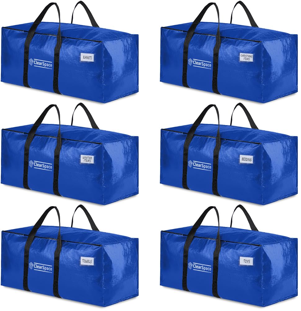 ClearSpace Heavy Duty Moving Boxes or Storage Bags Ã¢ÂÂ Storage Bins with Lids, Large Moving Bags with Backpack Straps & Handles Ã¢ÂÂ Moving Supplies for College Dorm or Christmas Decorations, 6 Pack