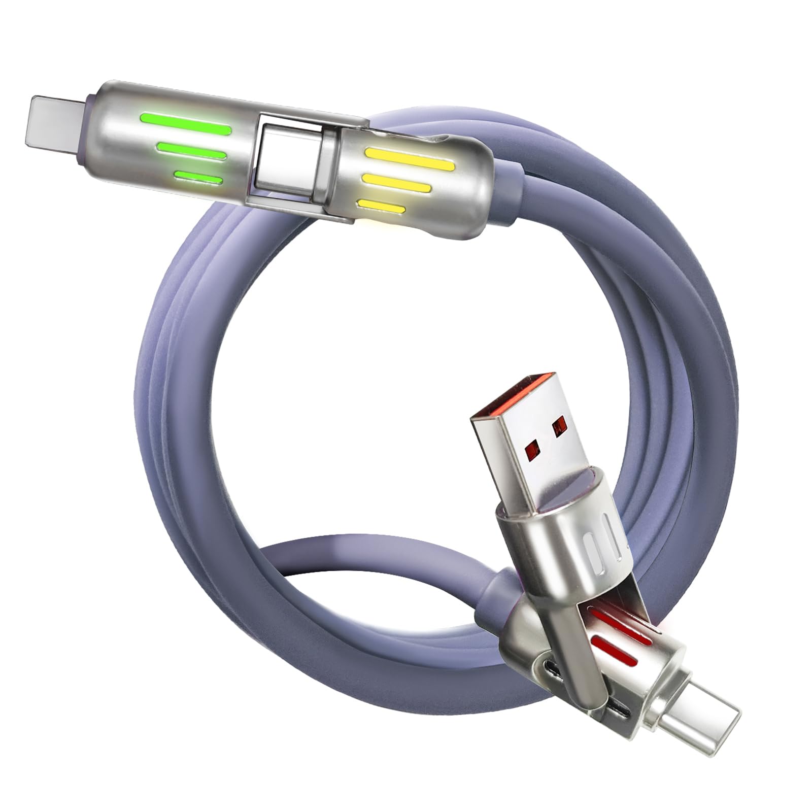 USB C Cable, 240W 4 in 1 Multi Charging Cable USB Charger Cable with Breathing Light, Combo L Port/Type C/USB A Fast Charging Cord for iPhone Pro Max Laptop Samsung Device Charging, 5FT-Purple